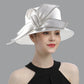 Deluxe White Church Hat – Elegant Satin Party & Banquet Hat with Chains & Flowers, Perfect for Formal Events & Photography