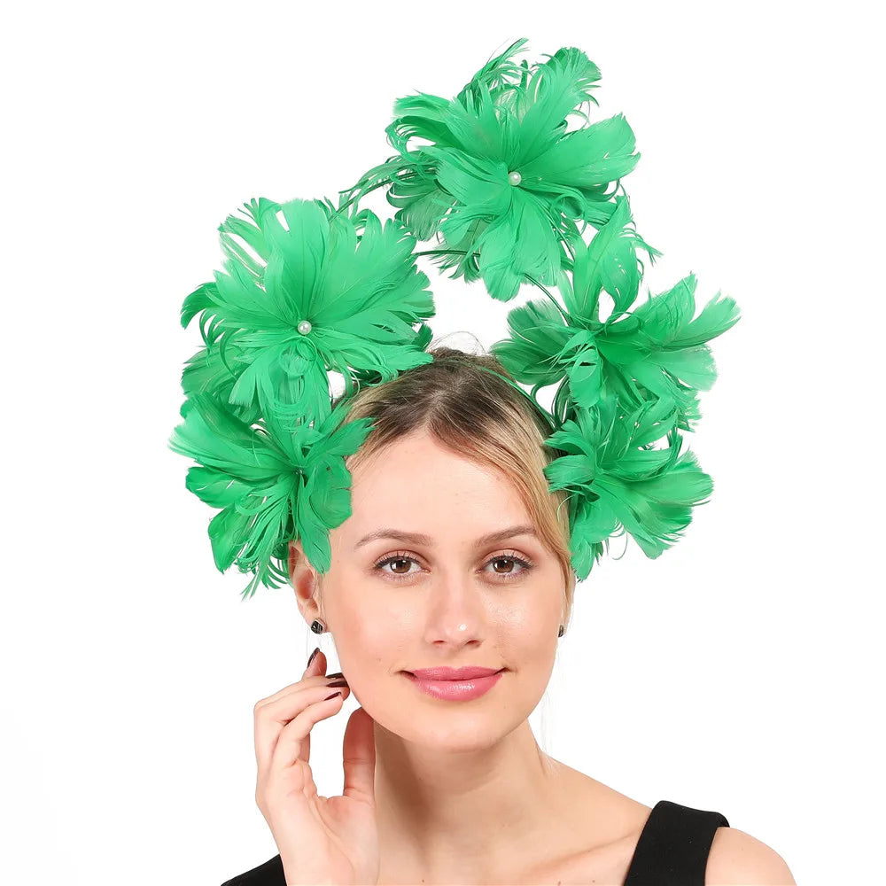 Vintage Green Feather Flower Top Hat – Elegant Hair Hoop with Pearls for Weddings, Parties & Special Events