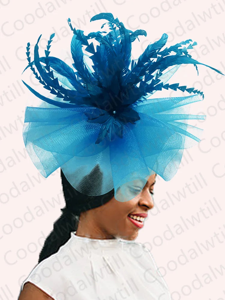 Women's Elegant Mesh Fascinator – Big Derby Hat with Veil & Feathers for Kentucky, Weddings & Party Headpiece