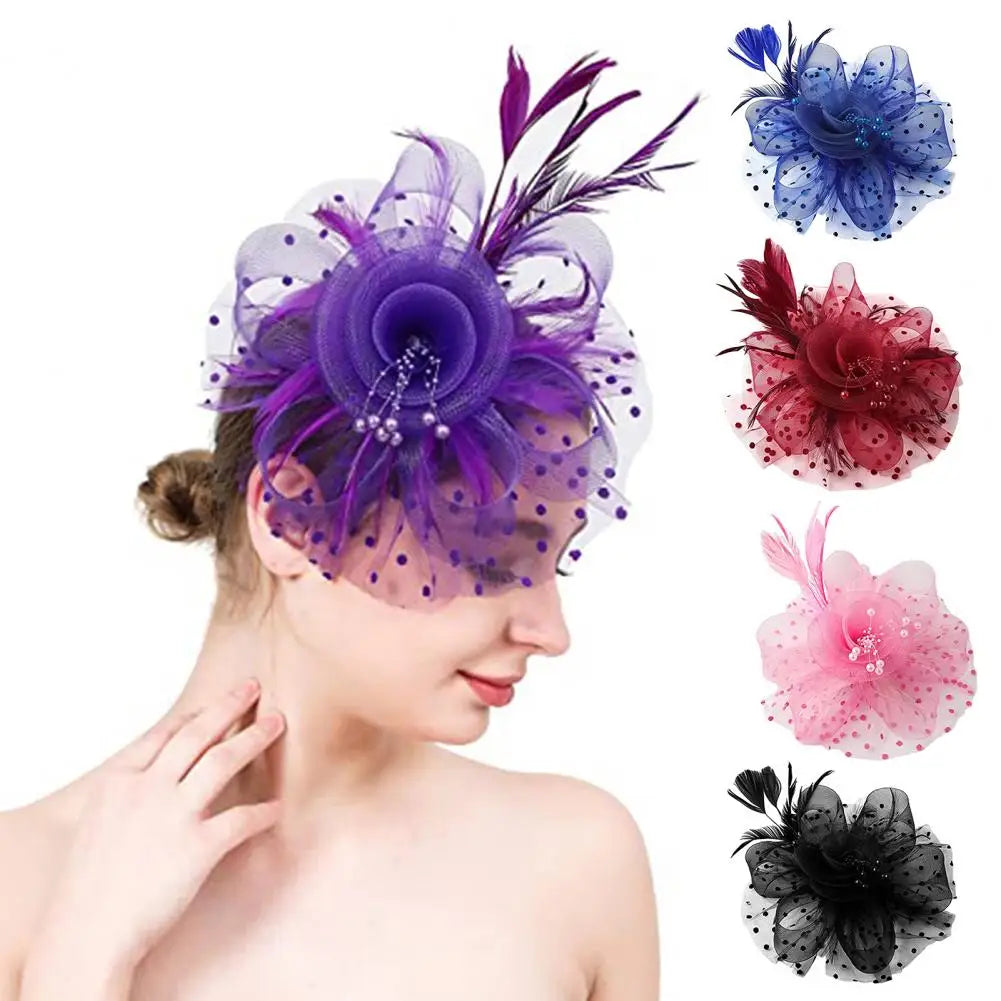 Feather & Mesh Flower Fascinator – Elegant Headpiece with Faux Pearls for Weddings & Special Events