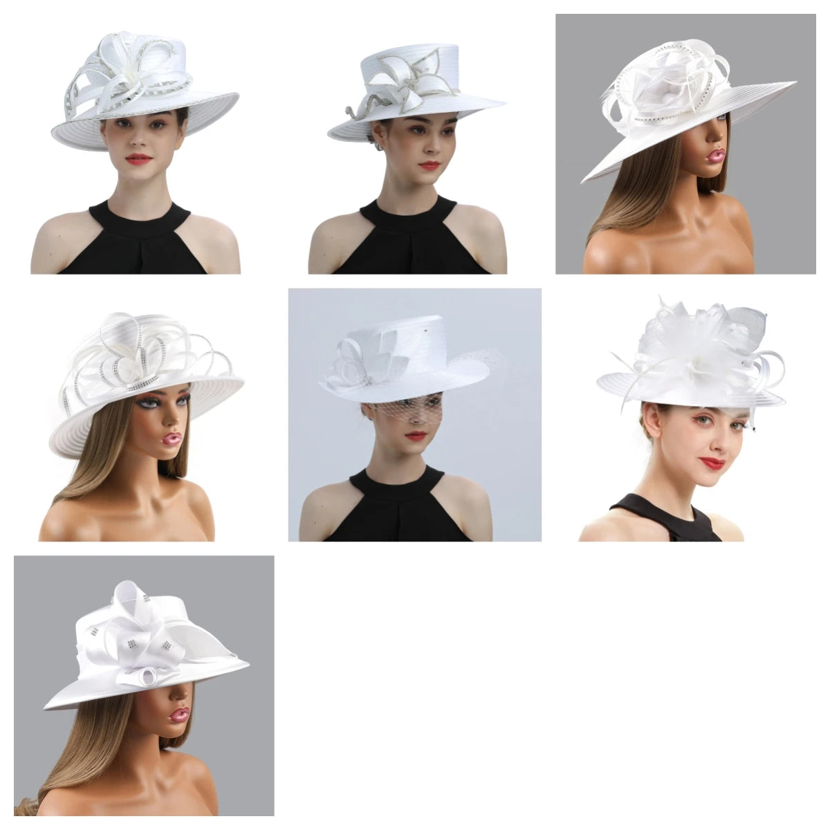 Deluxe White Church Hat – Elegant Satin Party & Banquet Hat with Chains & Flowers, Perfect for Formal Events & Photography