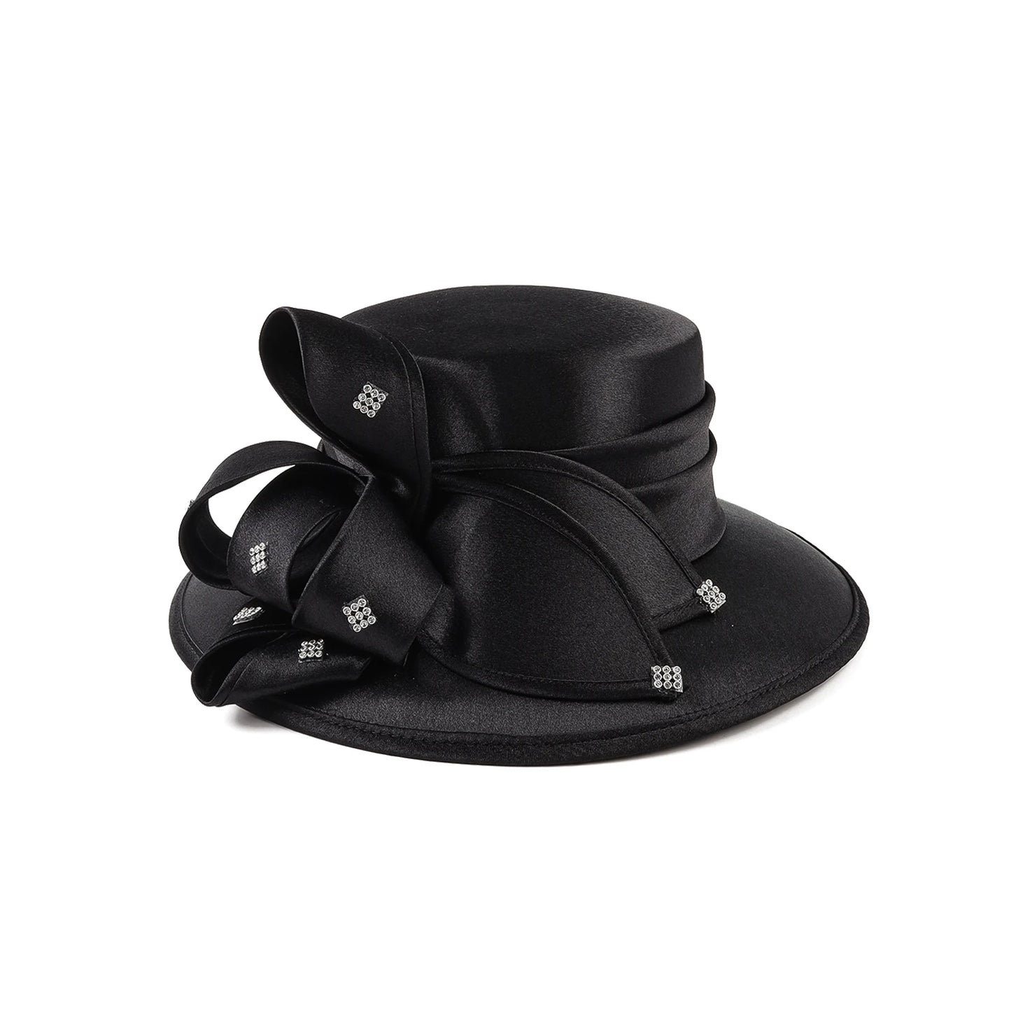 Premium Black Satin Church Hat – Elegant Formal Top Hat with Chains & Flowers for Weddings, Photography & Fashion