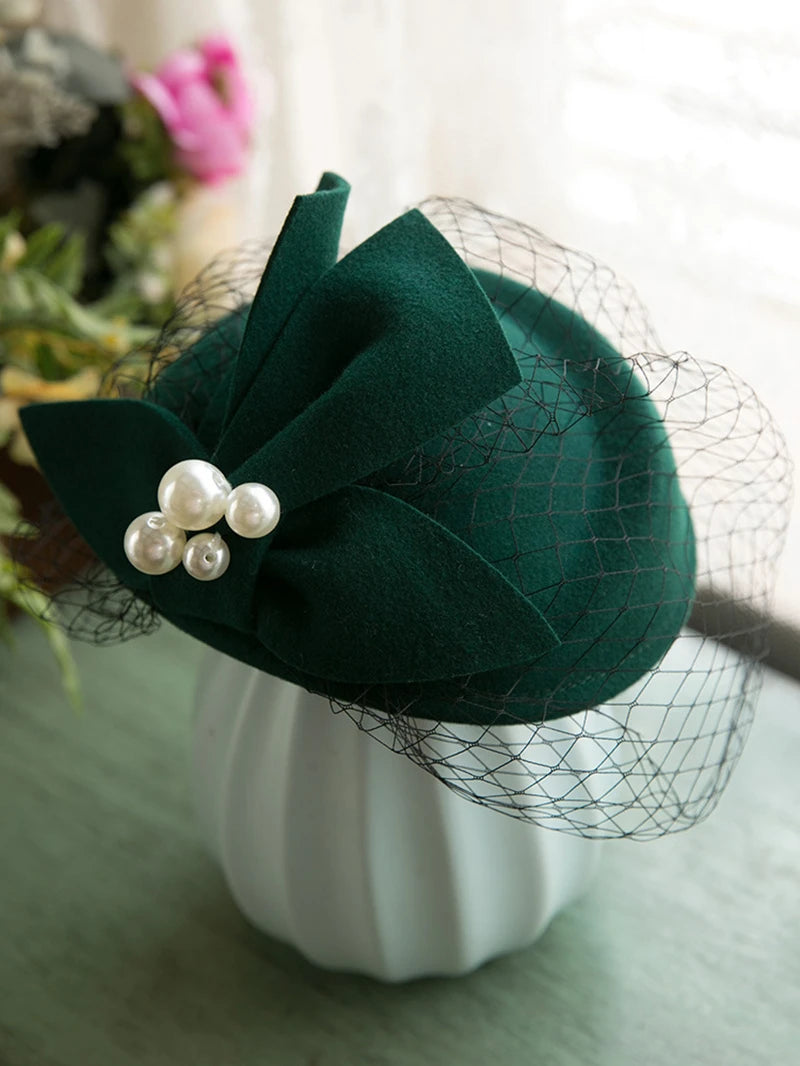 Winter Wool Bow Hat with Veil – Elegant French Style Vintage Fascinator for Weddings, Parties & Ascot Derby