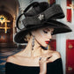 Premium Black Satin Church Hat – Elegant Formal Top Hat with Chains & Flowers for Weddings, Photography & Fashion