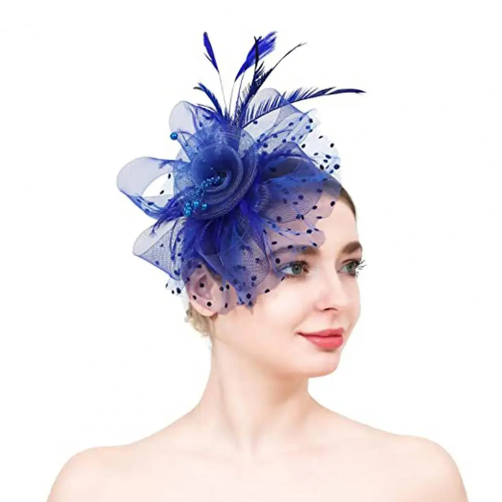 Feather & Mesh Flower Fascinator – Elegant Headpiece with Faux Pearls for Weddings & Special Events