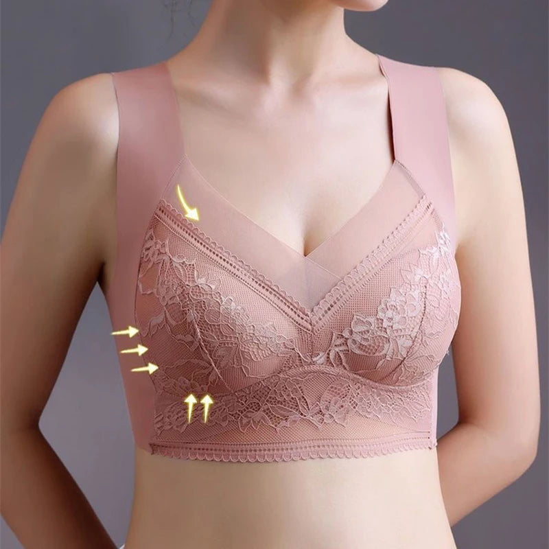 Lace Bra for Women, Perspective Full Cup Solid Color Brassiere V-Neck Seamless Crop Top, Female Push Up Breathable Lingerie