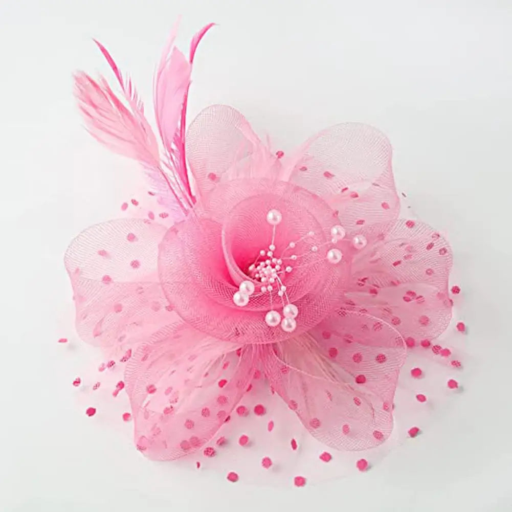 Feather & Mesh Flower Fascinator – Elegant Headpiece with Faux Pearls for Weddings & Special Events