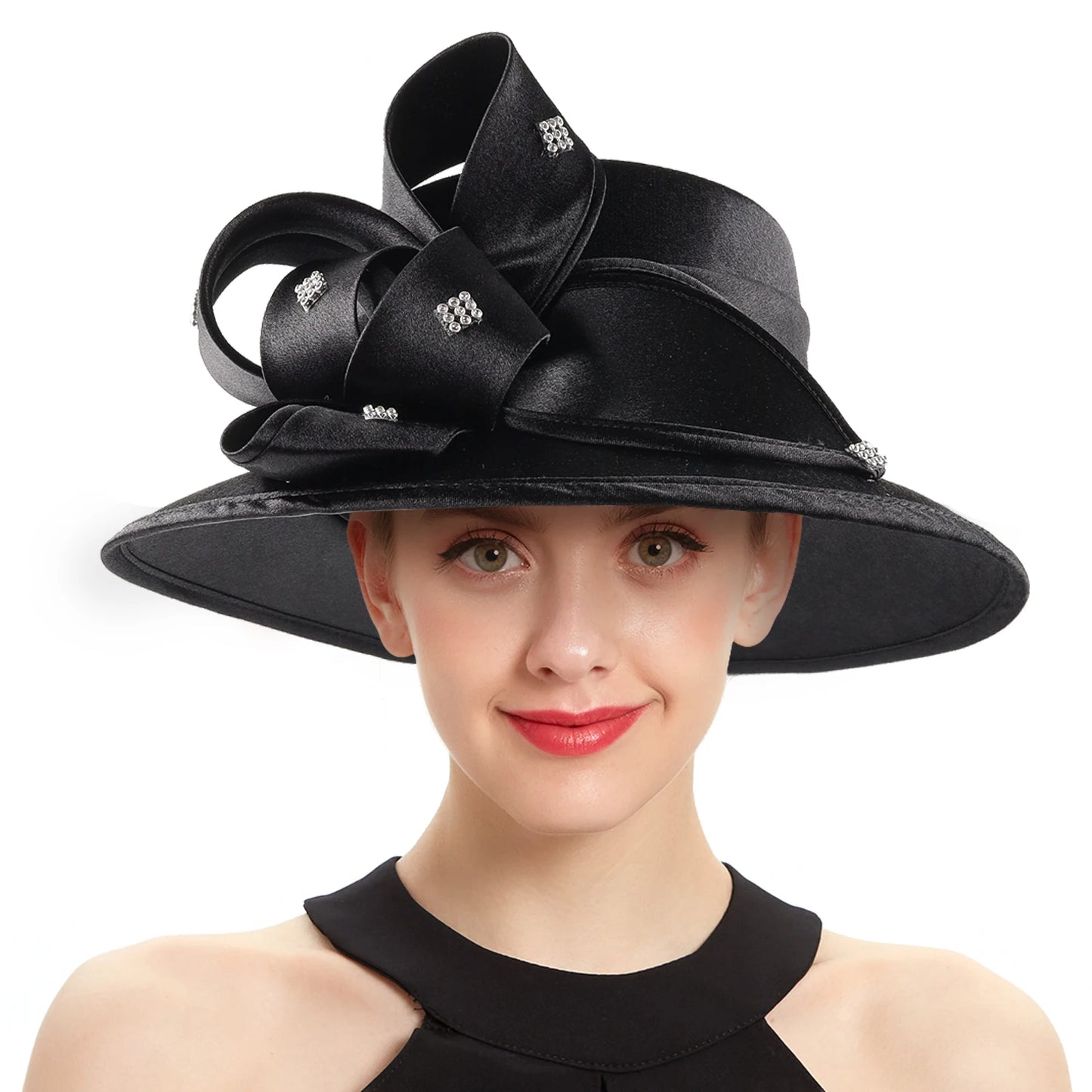 Premium Black Satin Church Hat – Elegant Formal Top Hat with Chains & Flowers for Weddings, Photography & Fashion