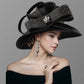 Premium Black Satin Church Hat – Elegant Formal Top Hat with Chains & Flowers for Weddings, Photography & Fashion