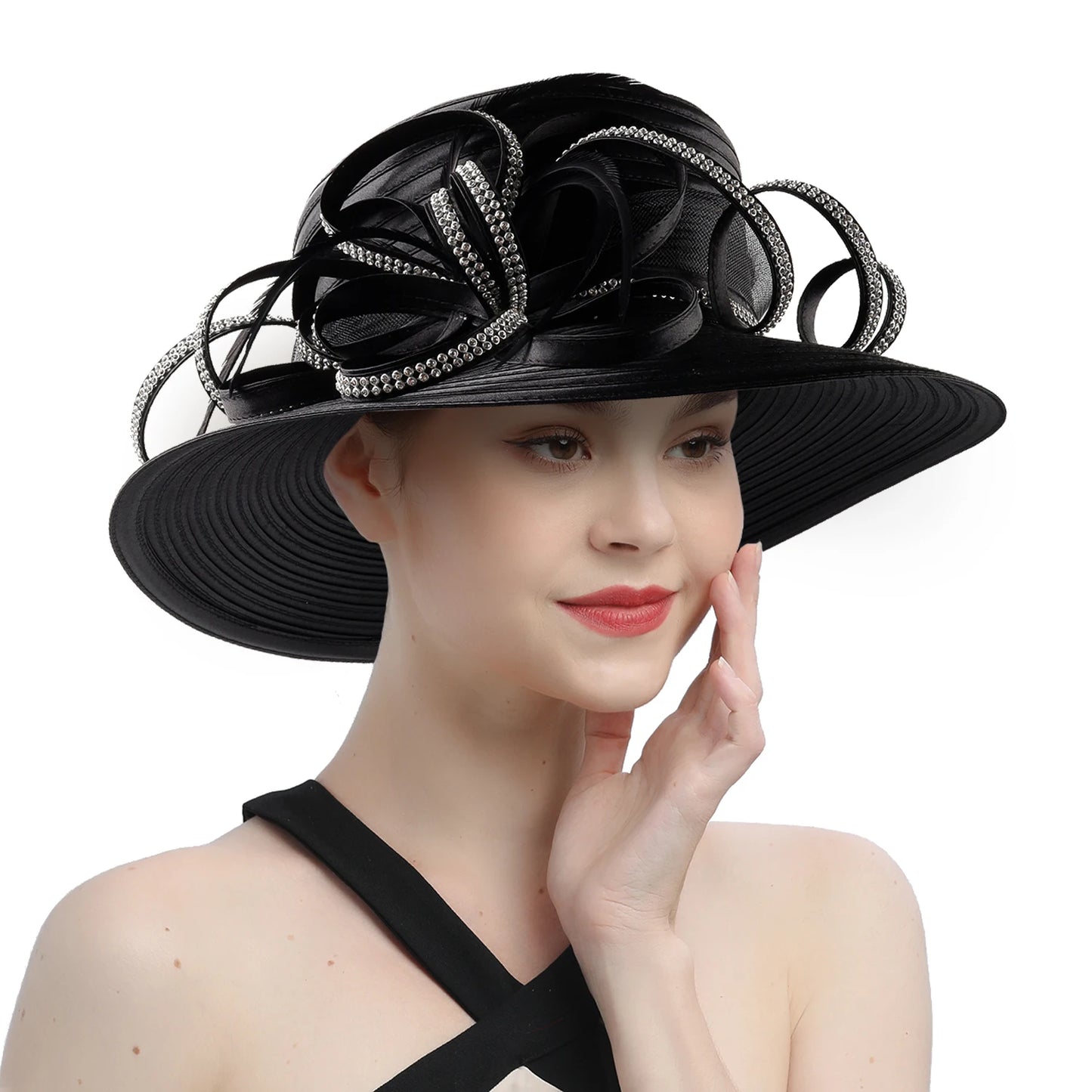 Premium Black Satin Church Hat – Elegant Formal Top Hat with Chains & Flowers for Weddings, Photography & Fashion