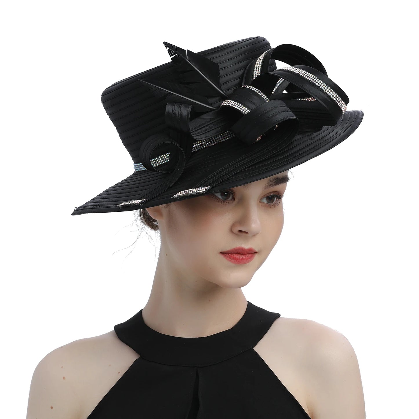 Premium Black Satin Church Hat – Elegant Formal Top Hat with Chains & Flowers for Weddings, Photography & Fashion