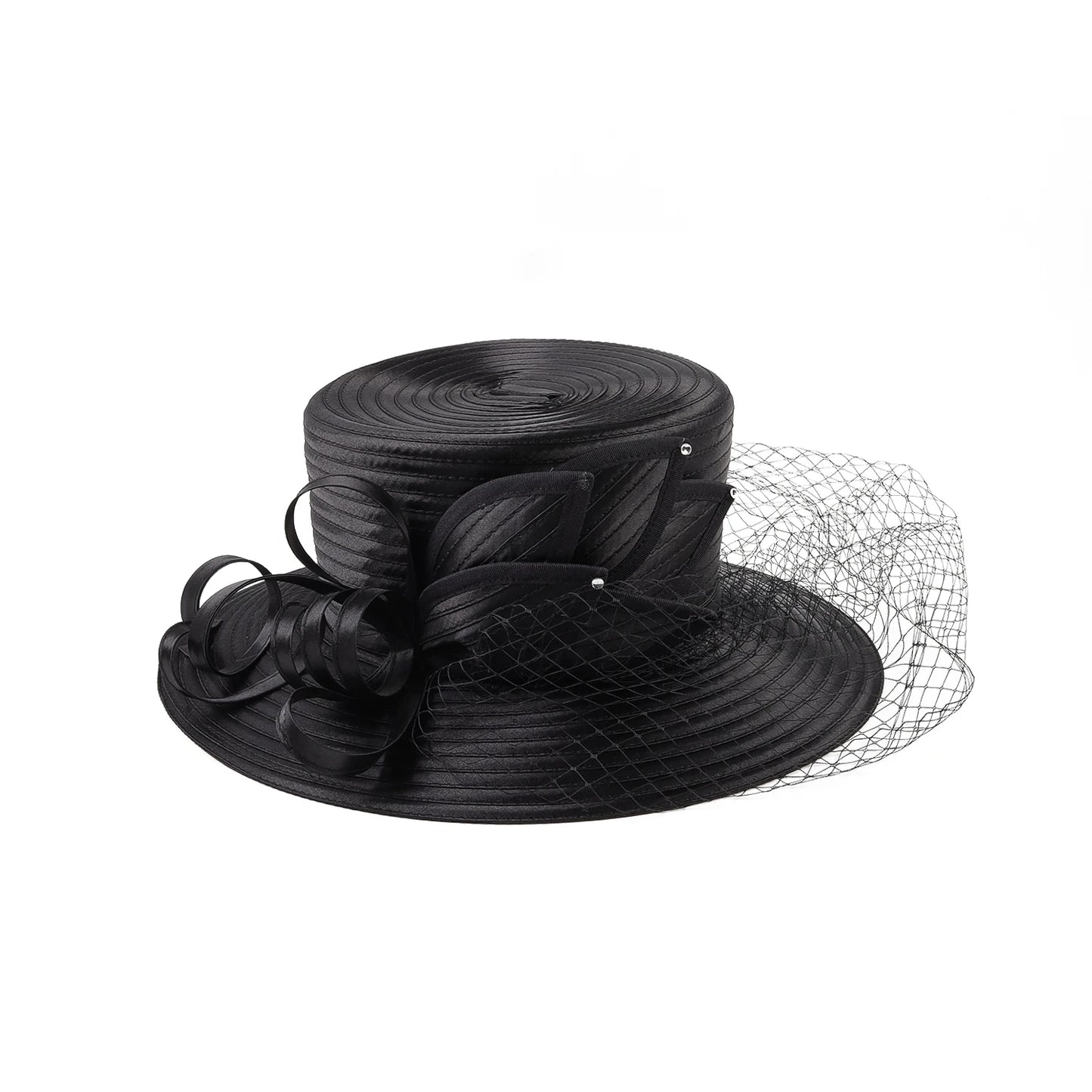 Premium Black Satin Church Hat – Elegant Formal Top Hat with Chains & Flowers for Weddings, Photography & Fashion