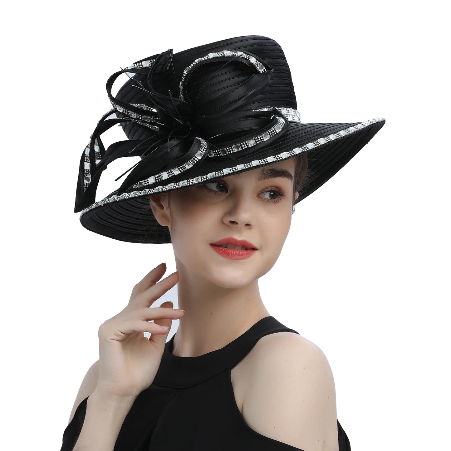 Premium Black Satin Church Hat – Elegant Formal Top Hat with Chains & Flowers for Weddings, Photography & Fashion