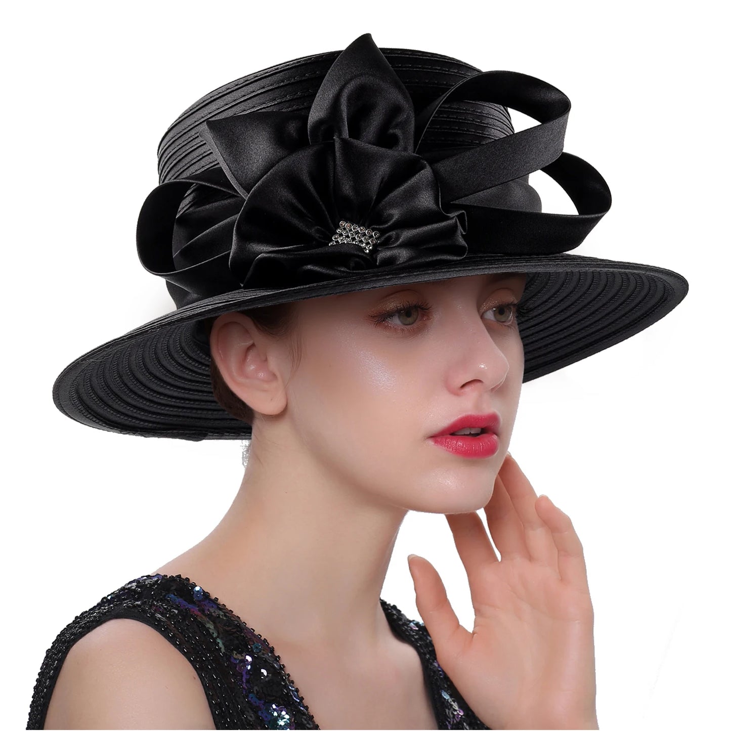 Premium Black Satin Church Hat – Elegant Formal Top Hat with Chains & Flowers for Weddings, Photography & Fashion