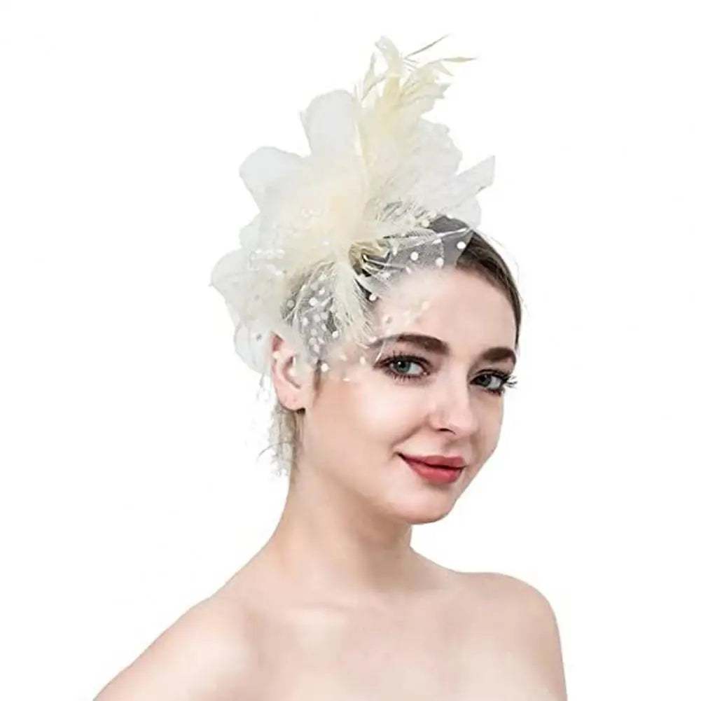 Feather & Mesh Flower Fascinator – Elegant Headpiece with Faux Pearls for Weddings & Special Events