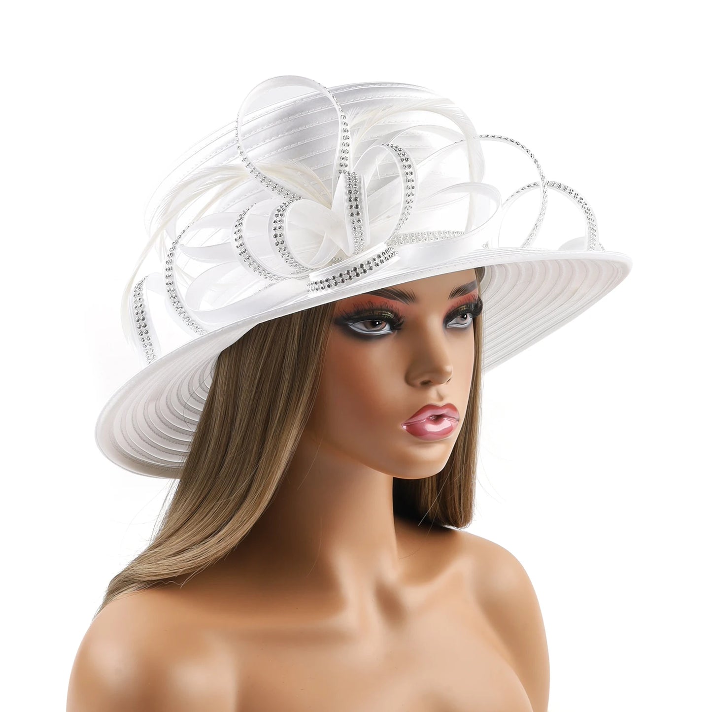 Deluxe White Church Hat – Elegant Satin Party & Banquet Hat with Chains & Flowers, Perfect for Formal Events & Photography