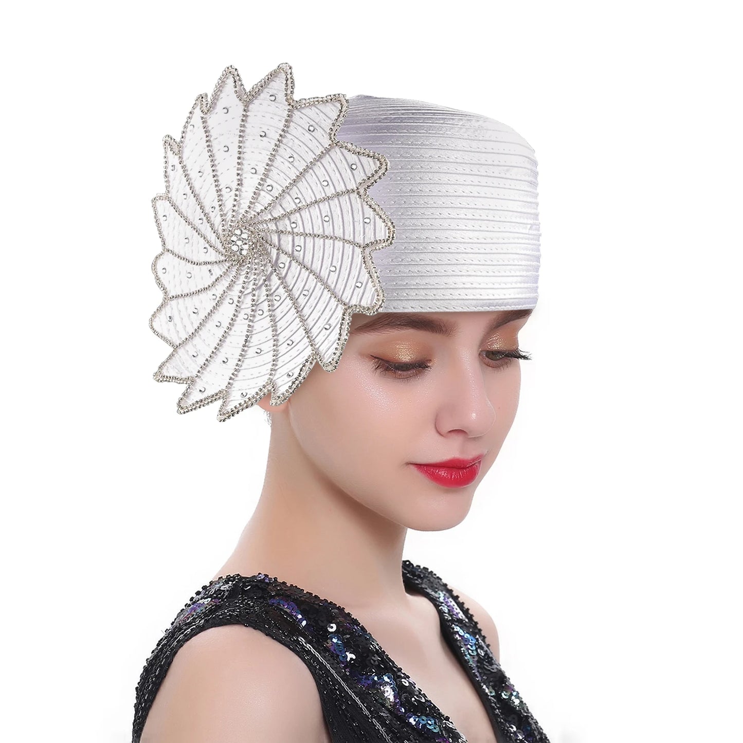 Deluxe White Church Hat – Elegant Satin Party & Banquet Hat with Chains & Flowers, Perfect for Formal Events & Photography