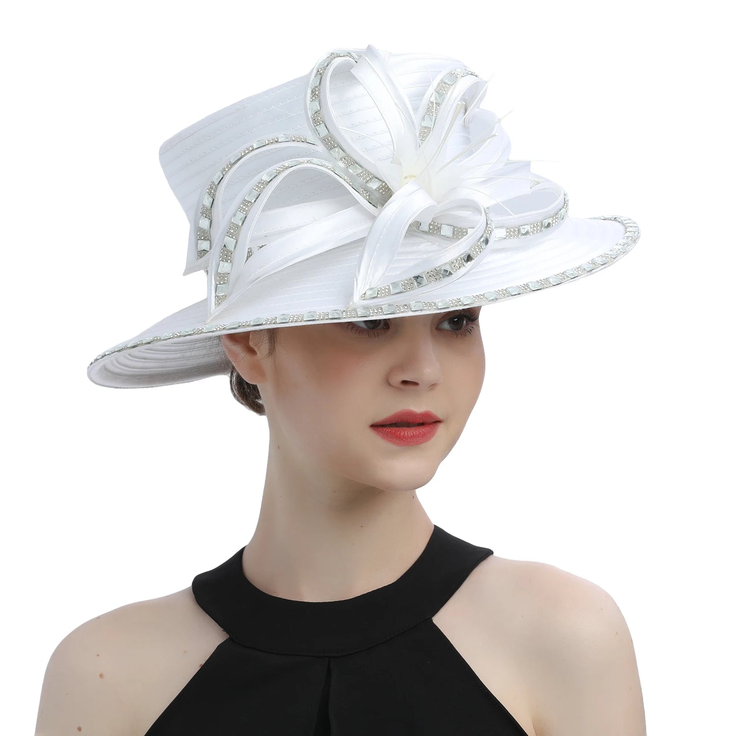 Deluxe White Church Hat – Elegant Satin Party & Banquet Hat with Chains & Flowers, Perfect for Formal Events & Photography