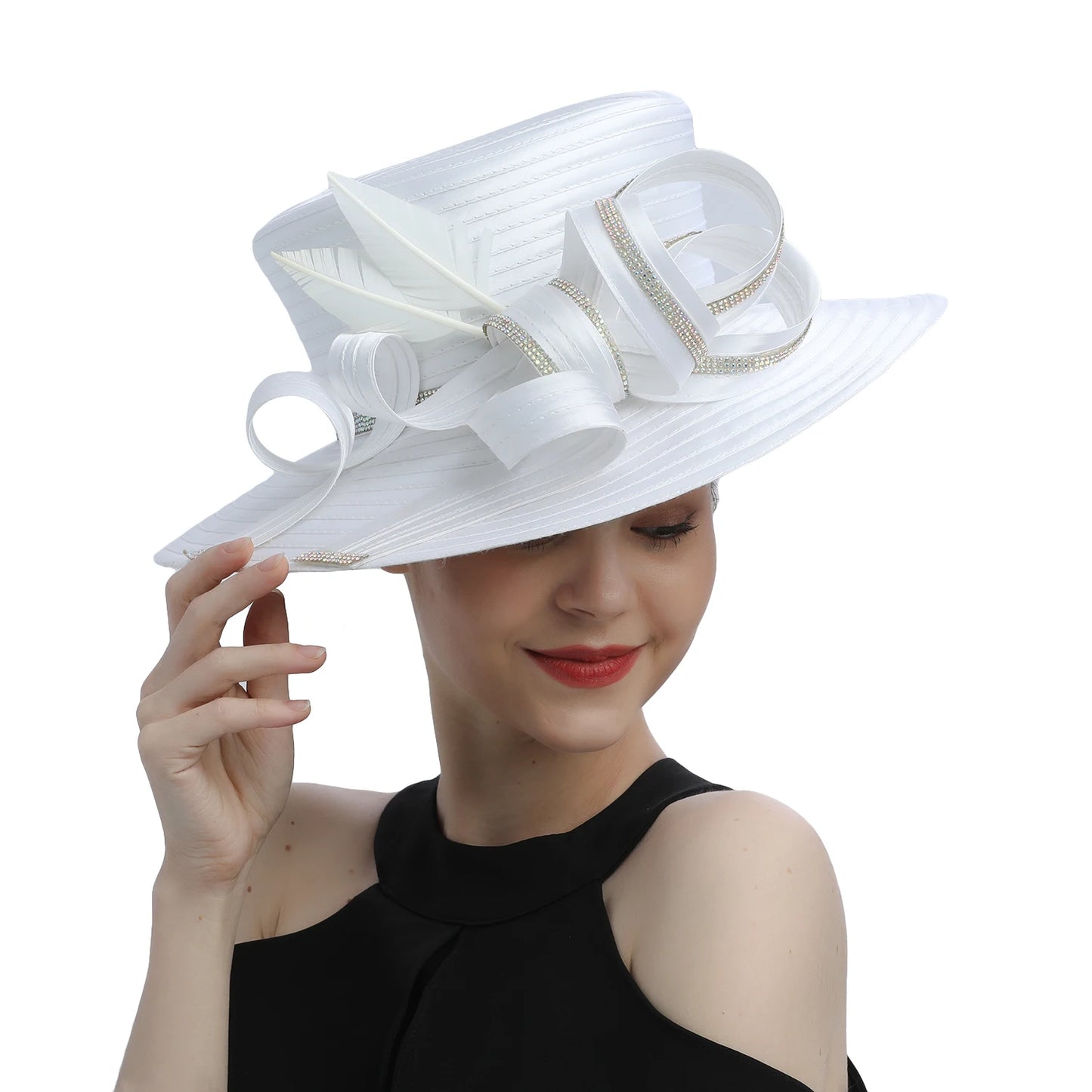 Deluxe White Church Hat – Elegant Satin Party & Banquet Hat with Chains & Flowers, Perfect for Formal Events & Photography