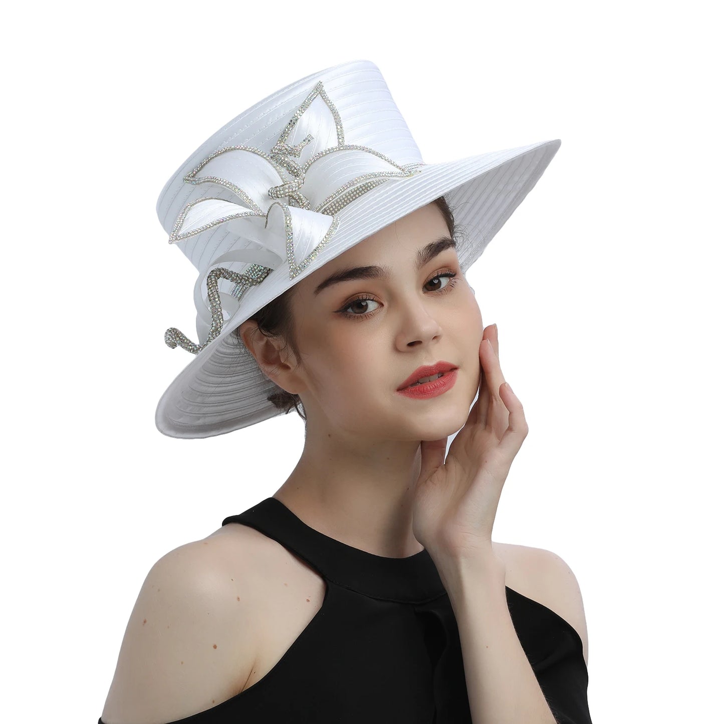 Deluxe White Church Hat – Elegant Satin Party & Banquet Hat with Chains & Flowers, Perfect for Formal Events & Photography