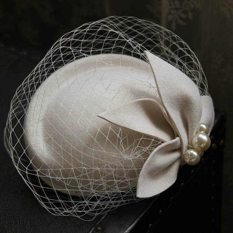 Winter Wool Bow Hat with Veil – Elegant French Style Vintage Fascinator for Weddings, Parties & Ascot Derby