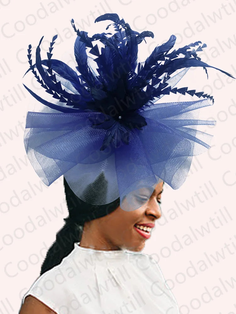 Women's Elegant Mesh Fascinator – Big Derby Hat with Veil & Feathers for Kentucky, Weddings & Party Headpiece