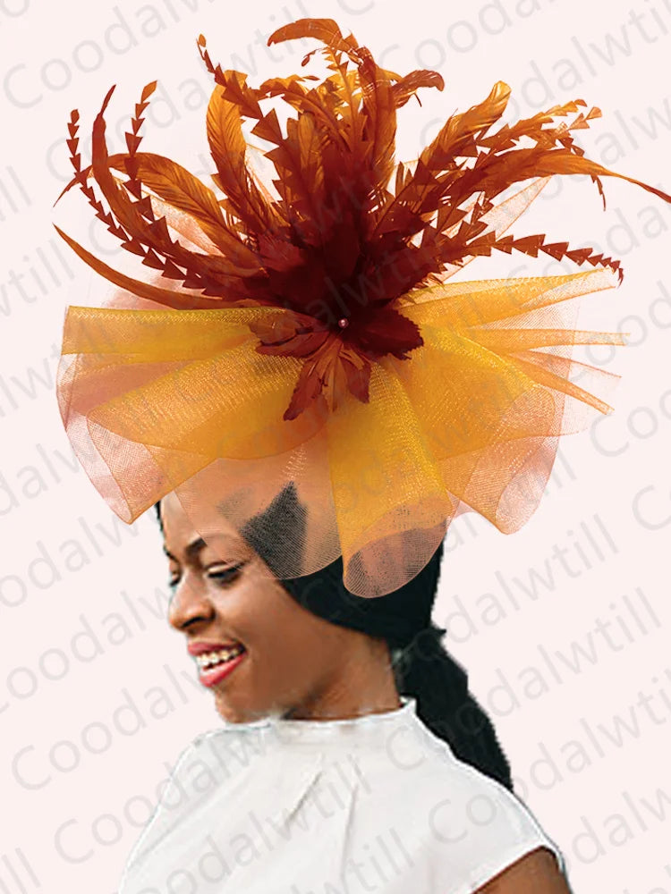 Women's Elegant Mesh Fascinator – Big Derby Hat with Veil & Feathers for Kentucky, Weddings & Party Headpiece