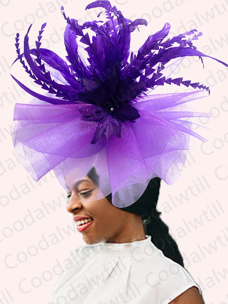 Women's Elegant Mesh Fascinator – Big Derby Hat with Veil & Feathers for Kentucky, Weddings & Party Headpiece