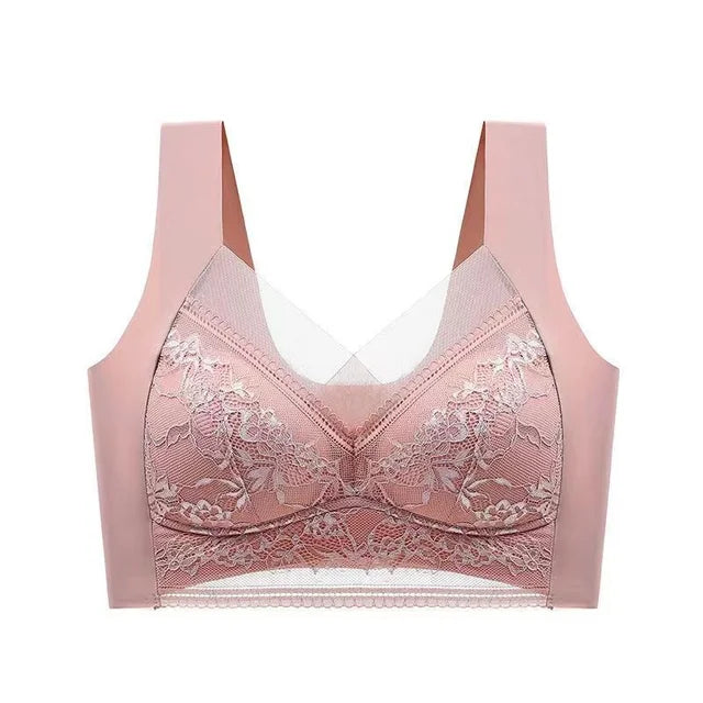 Lace Bra for Women, Perspective Full Cup Solid Color Brassiere V-Neck Seamless Crop Top, Female Push Up Breathable Lingerie