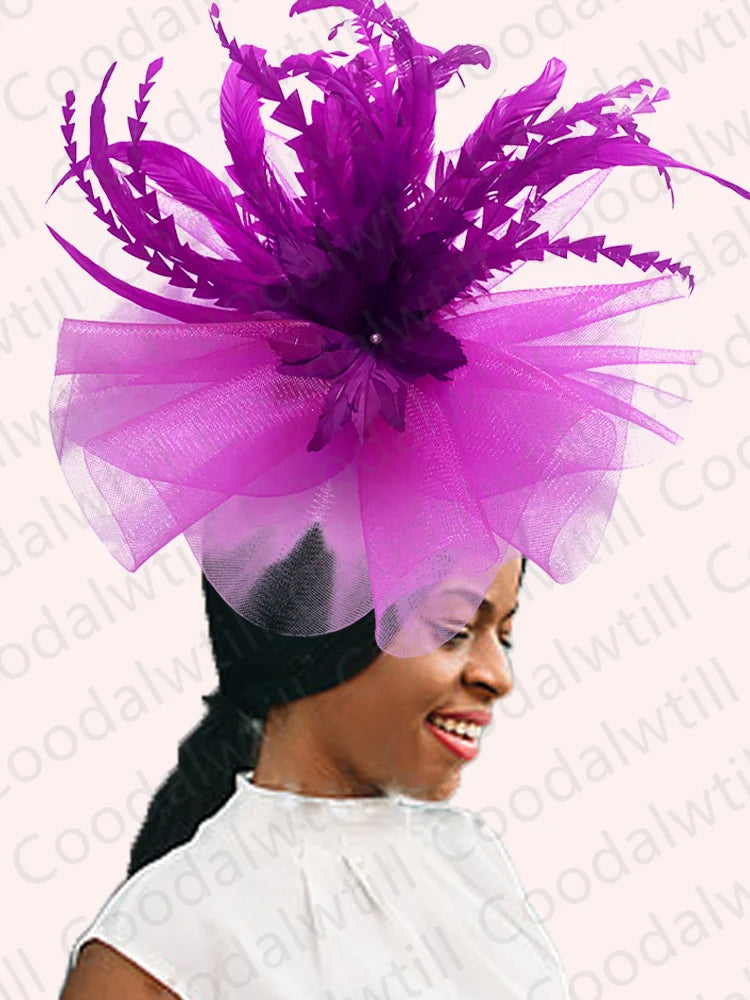 Women's Elegant Mesh Fascinator – Big Derby Hat with Veil & Feathers for Kentucky, Weddings & Party Headpiece