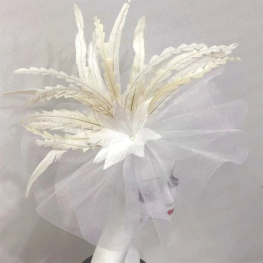 Women's Elegant Mesh Fascinator – Big Derby Hat with Veil & Feathers for Kentucky, Weddings & Party Headpiece