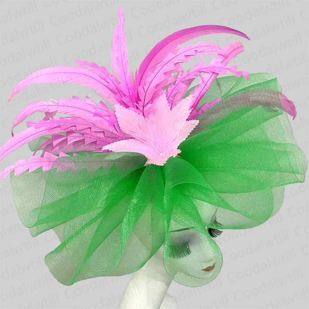 Women's Elegant Mesh Fascinator – Big Derby Hat with Veil & Feathers for Kentucky, Weddings & Party Headpiece