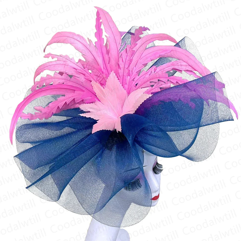 Women's Elegant Mesh Fascinator – Big Derby Hat with Veil & Feathers for Kentucky, Weddings & Party Headpiece