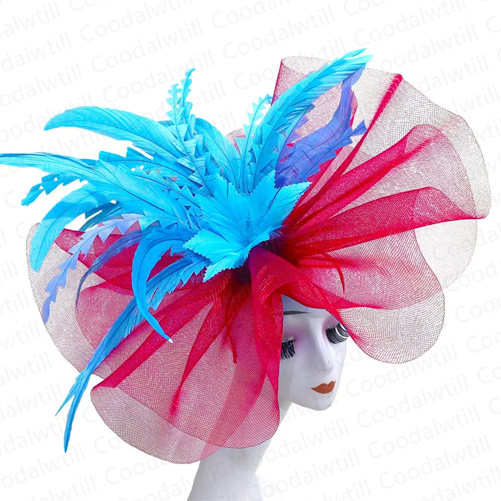 Women's Elegant Mesh Fascinator – Big Derby Hat with Veil & Feathers for Kentucky, Weddings & Party Headpiece