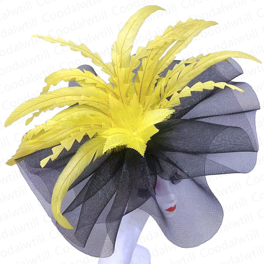 Women's Elegant Mesh Fascinator – Big Derby Hat with Veil & Feathers for Kentucky, Weddings & Party Headpiece