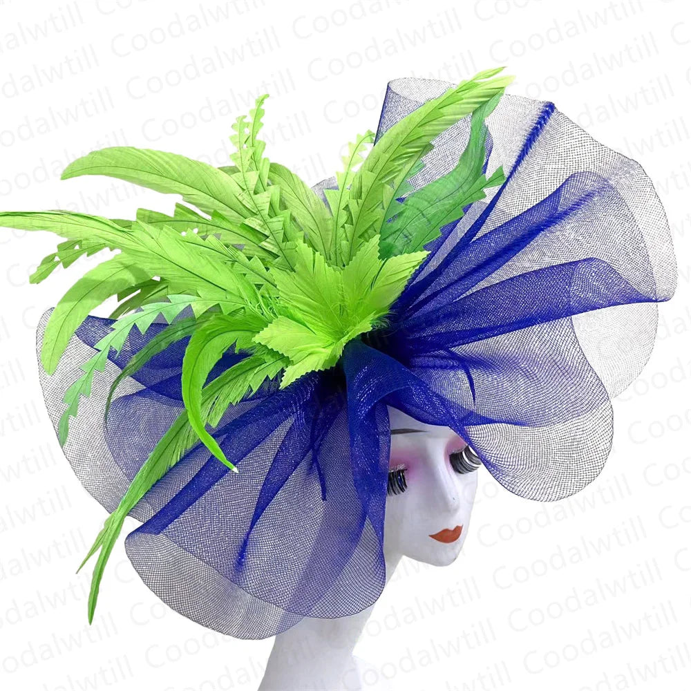 Women's Elegant Mesh Fascinator – Big Derby Hat with Veil & Feathers for Kentucky, Weddings & Party Headpiece