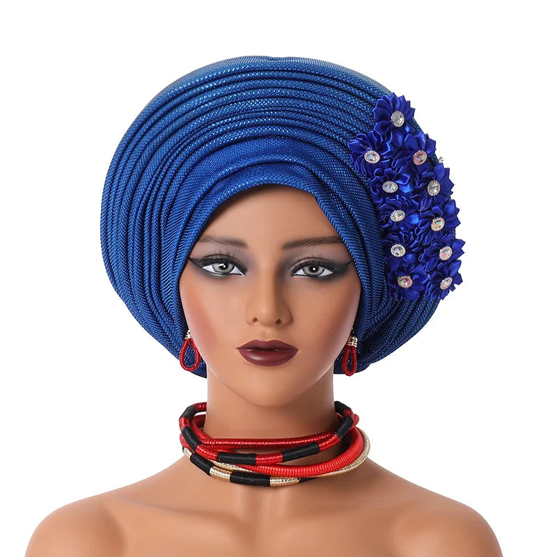 Women Head Wraps for Wedding Party Nigeria Head Ties with Flowers Already Made Auto Gele New African Head tie Turban