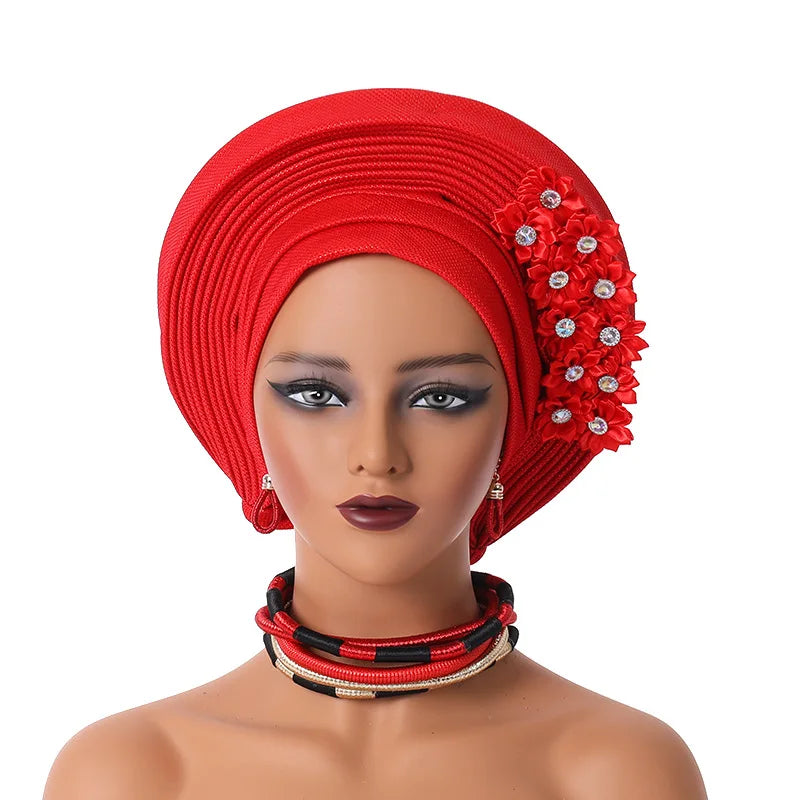 Women Head Wraps for Wedding Party Nigeria Head Ties with Flowers Already Made Auto Gele New African Head tie Turban