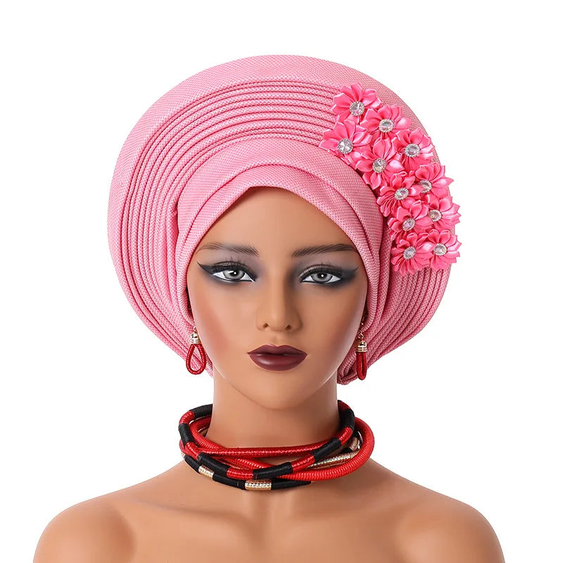 Women Head Wraps for Wedding Party Nigeria Head Ties with Flowers Already Made Auto Gele New African Head tie Turban