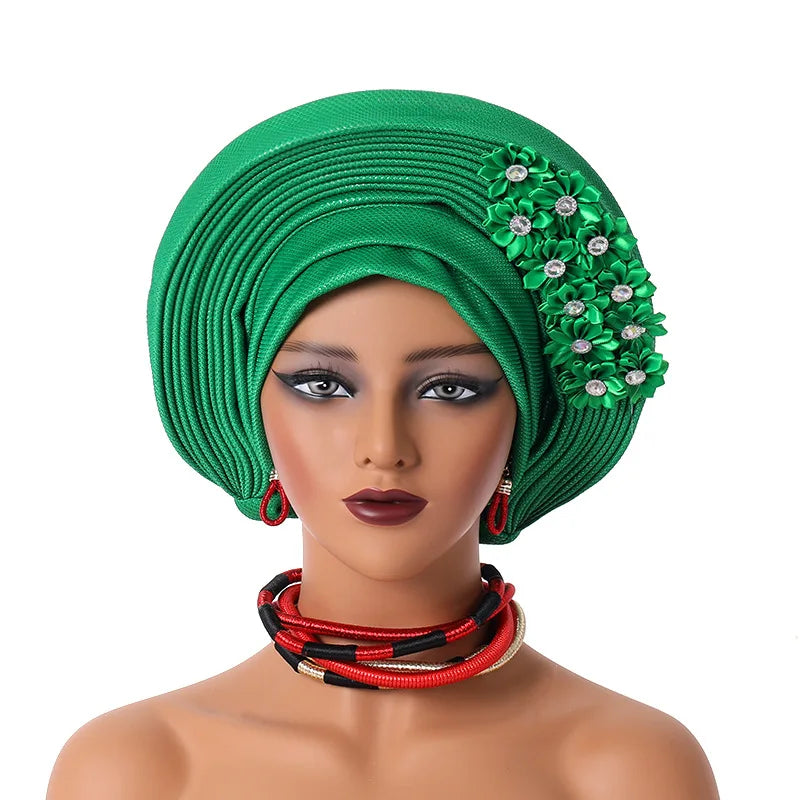 Women Head Wraps for Wedding Party Nigeria Head Ties with Flowers Already Made Auto Gele New African Head tie Turban