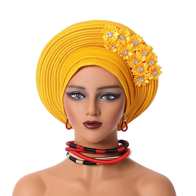 Women Head Wraps for Wedding Party Nigeria Head Ties with Flowers Already Made Auto Gele New African Head tie Turban