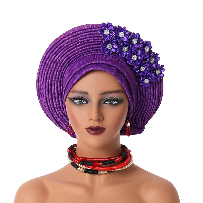 Women Head Wraps for Wedding Party Nigeria Head Ties with Flowers Already Made Auto Gele New African Head tie Turban