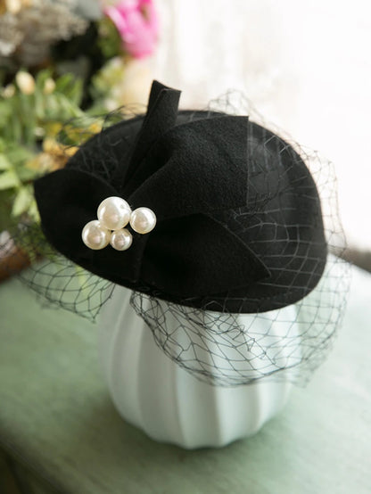 Winter Wool Bow Hat with Veil – Elegant French Style Vintage Fascinator for Weddings, Parties & Ascot Derby