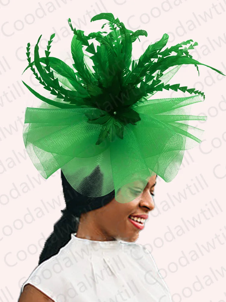 Women's Elegant Mesh Fascinator – Big Derby Hat with Veil & Feathers for Kentucky, Weddings & Party Headpiece