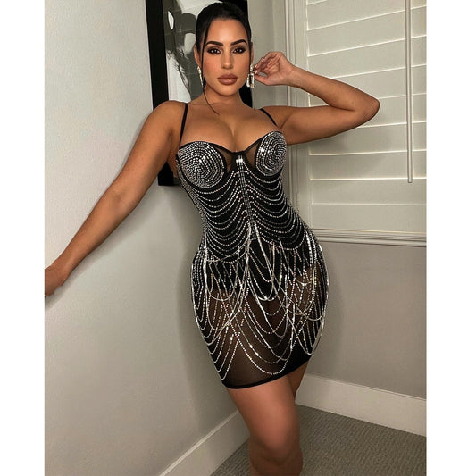 See Through Mesh Diamonds Sexy Slim Elastic Party Dress