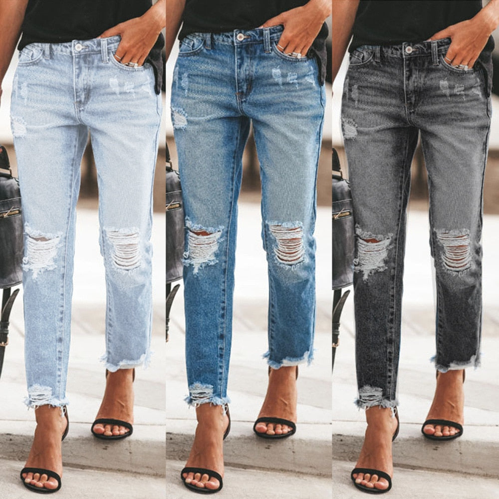 Mid Waist Ripped Denim Jeans