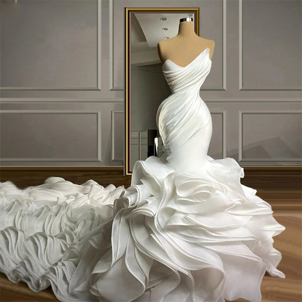 Luxurious Mermaid Strapless Ruffle Long Train Wedding Dress Sexy Formal Bridal Gowns