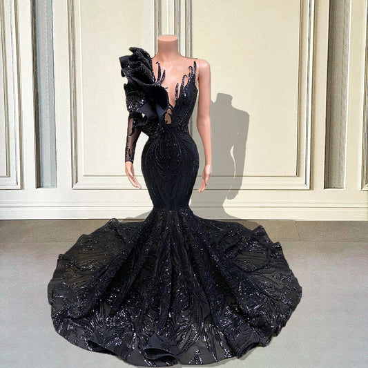 One Shoulder Black Mermaid Evening Dress