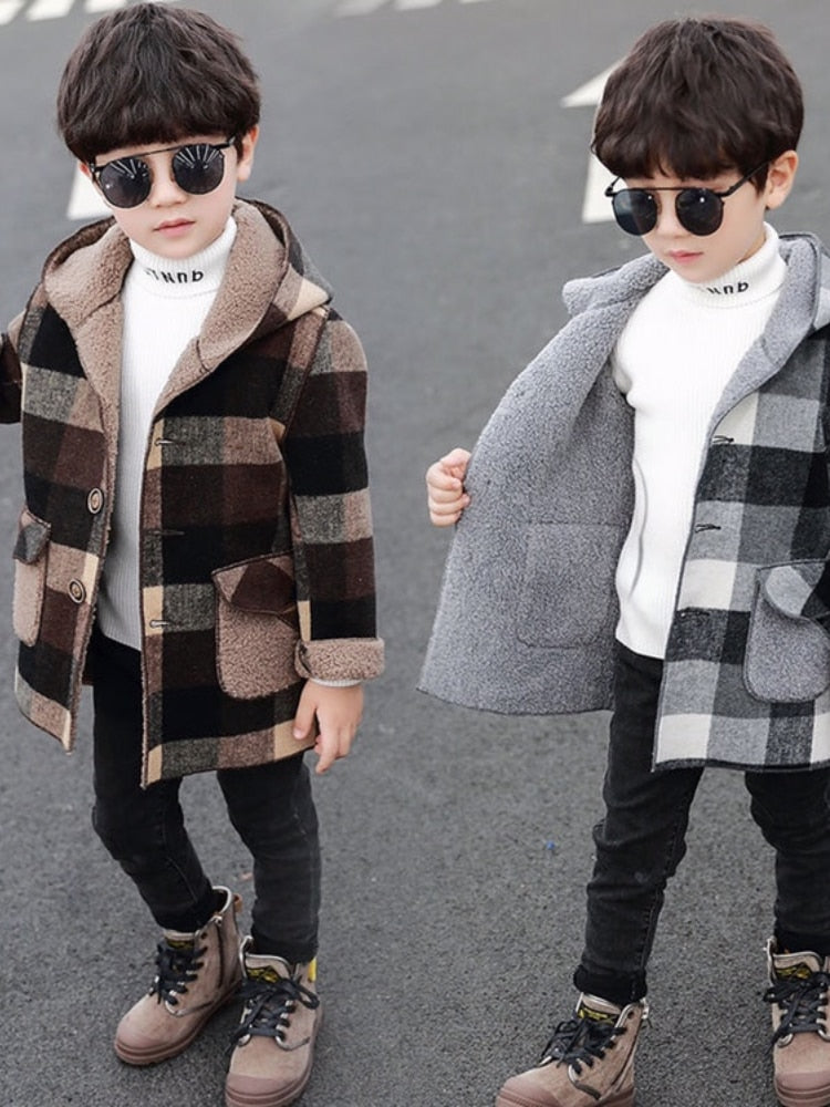 Hooded Warm Plaid Outerwear Windbreaker Jacket Coat for Boys