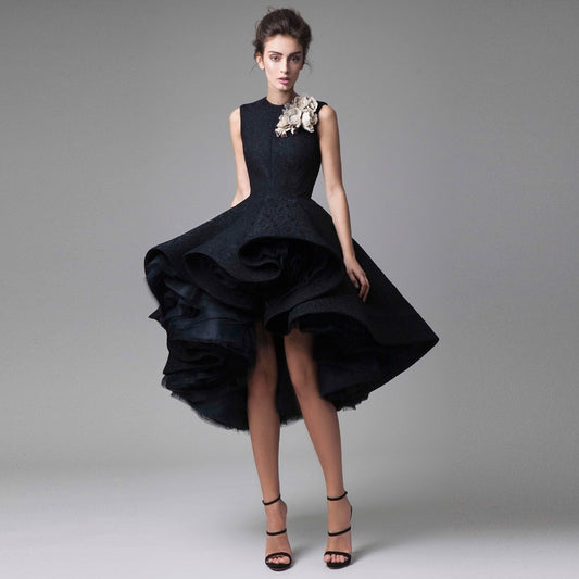 Hand Made Flower Black Short Prom Dress